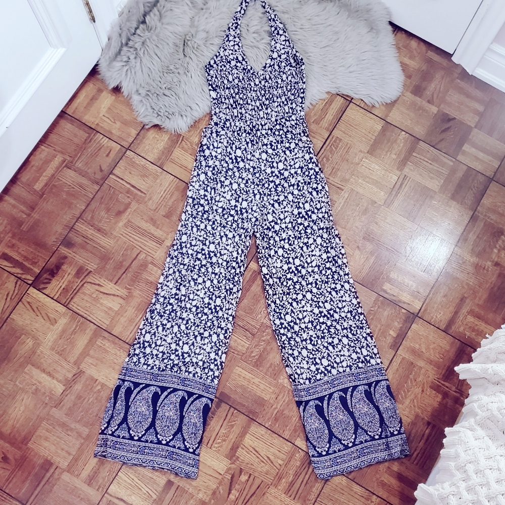 American Eagle Outfitters Blue Paisley Retro Hippy Flare Jumpsuit